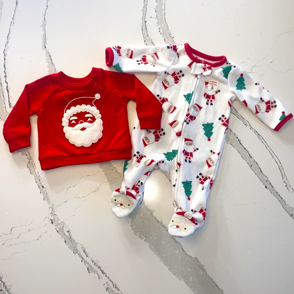 Size: NEWBORN Cat & Jack Christmas Santa Sweatshirt & Carter’s Christmas Footie